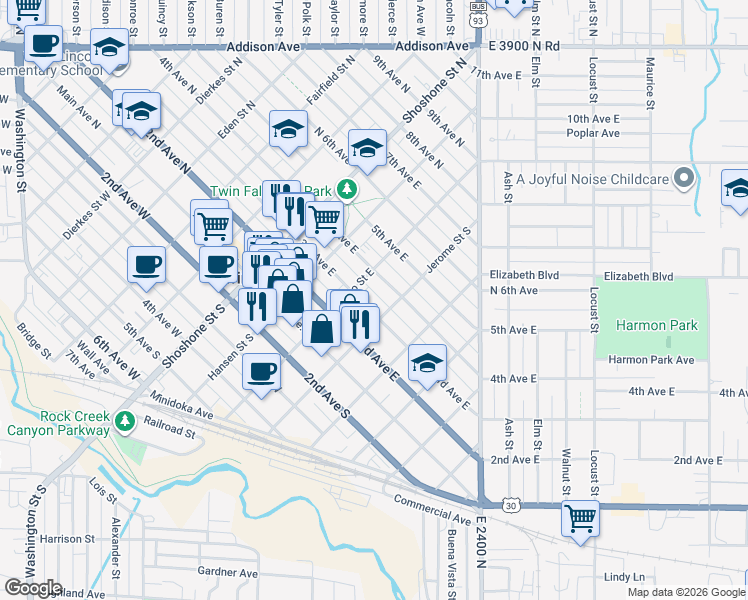 map of restaurants, bars, coffee shops, grocery stores, and more near 335 3rd Avenue East in Twin Falls