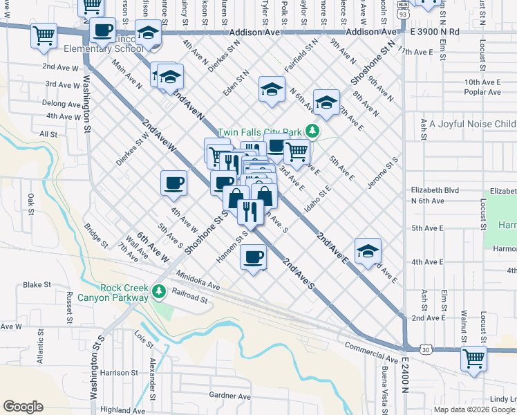 map of restaurants, bars, coffee shops, grocery stores, and more near 148 Main Avenue East in Twin Falls