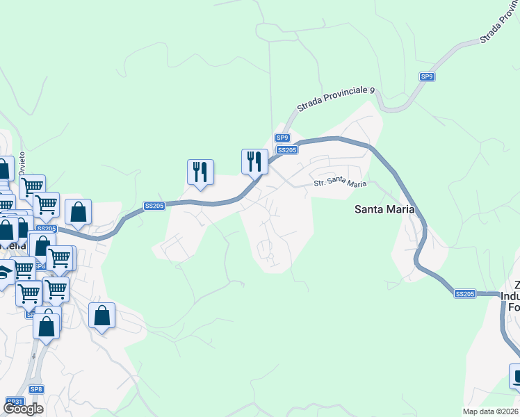 map of restaurants, bars, coffee shops, grocery stores, and more near 20 Strada del Fondo in Amelia
