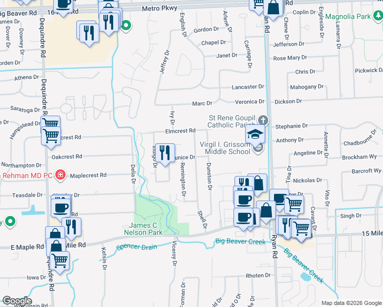 map of restaurants, bars, coffee shops, grocery stores, and more near 35711 Shell Drive in Sterling Heights