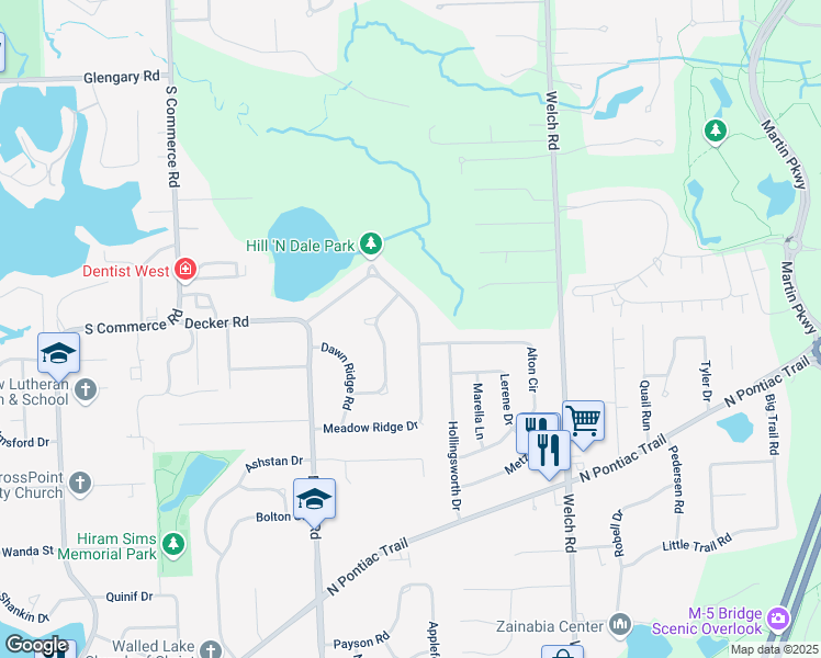 map of restaurants, bars, coffee shops, grocery stores, and more near 1977 Meadow Ridge Drive in Commerce Charter Township