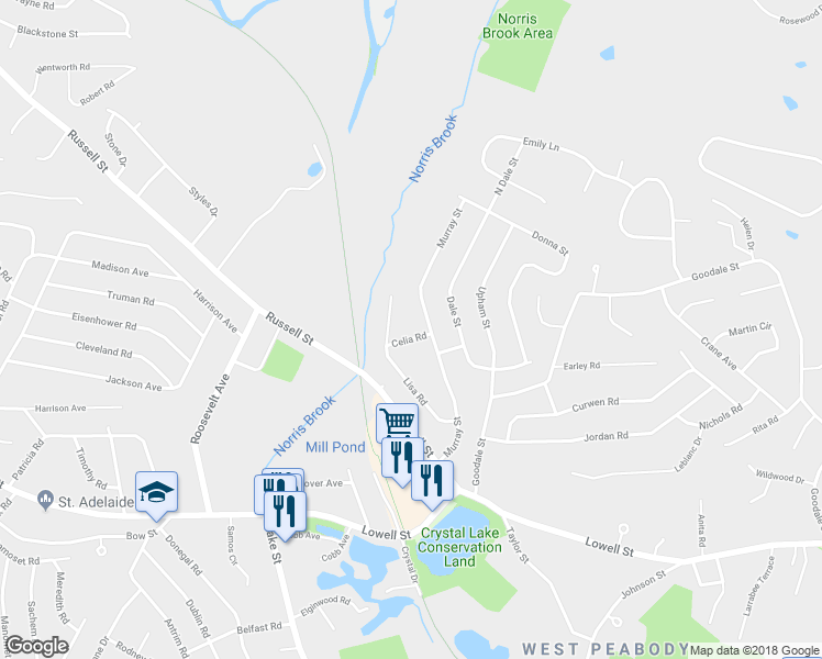 map of restaurants, bars, coffee shops, grocery stores, and more near 1 Celia Road in Peabody