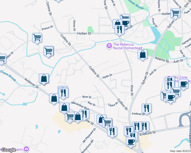 map of restaurants, bars, coffee shops, grocery stores, and more near 75 Collins Street in Danvers