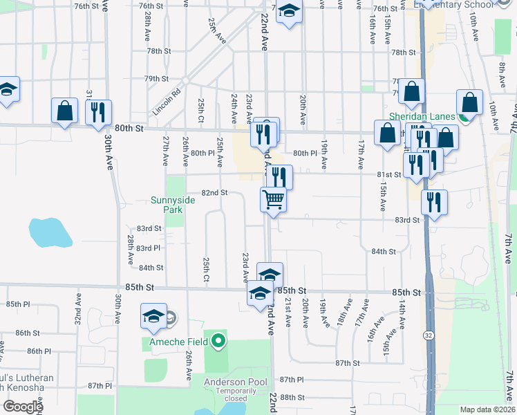 map of restaurants, bars, coffee shops, grocery stores, and more near 8228 Southeast Srv Road in Kenosha
