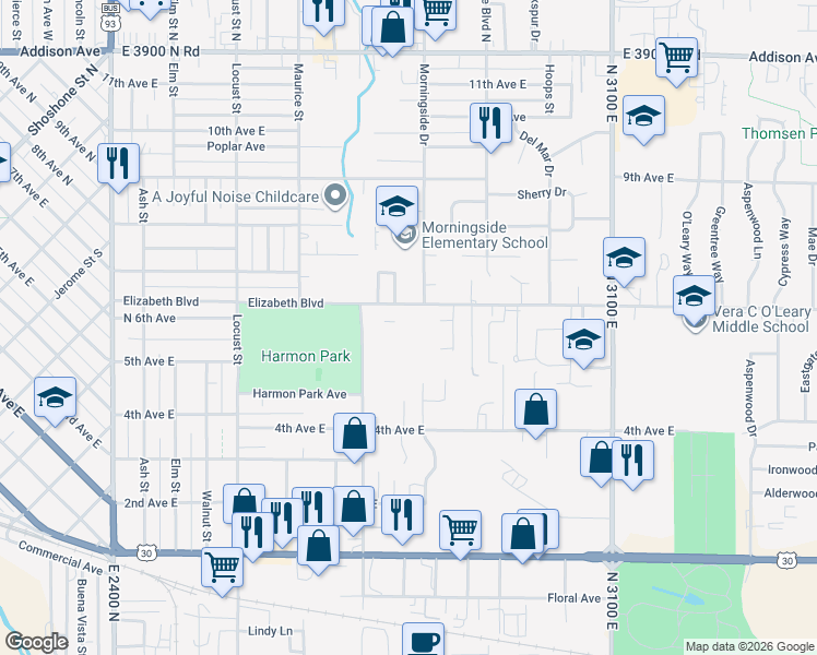 map of restaurants, bars, coffee shops, grocery stores, and more near 1854 Elizabeth Boulevard in Twin Falls