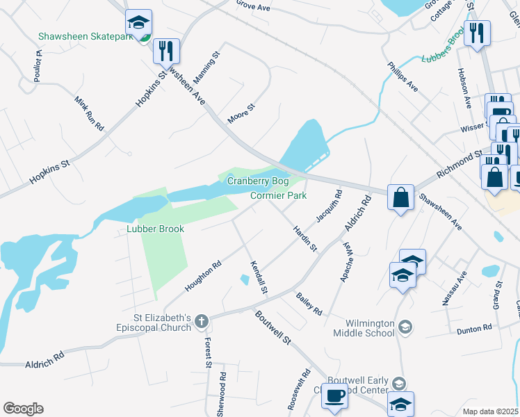 map of restaurants, bars, coffee shops, grocery stores, and more near 18 Blanchard Road in Wilmington