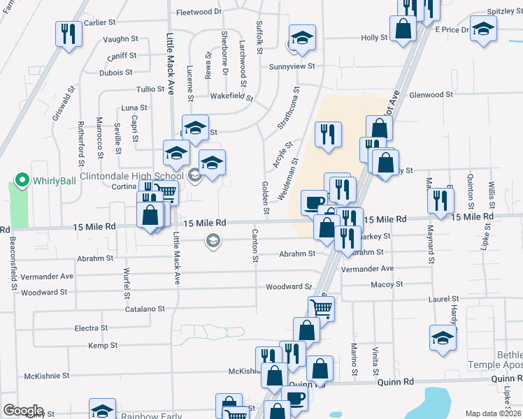 map of restaurants, bars, coffee shops, grocery stores, and more near 35035 Golden Street in Clinton Township
