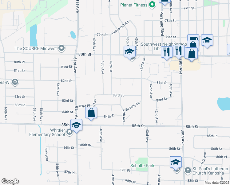 map of restaurants, bars, coffee shops, grocery stores, and more near 4720 83rd Street in Kenosha