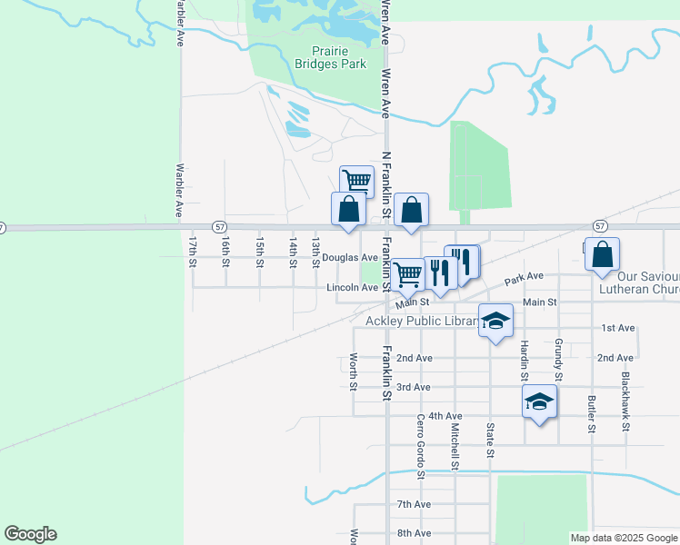 map of restaurants, bars, coffee shops, grocery stores, and more near 101-299 12th Street in Ackley