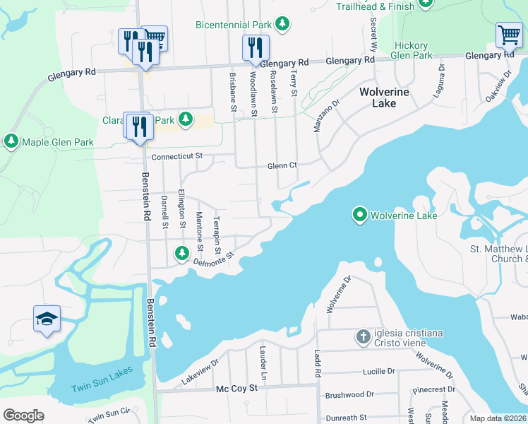 map of restaurants, bars, coffee shops, grocery stores, and more near 2202 Woodlawn Street in Wolverine Lake
