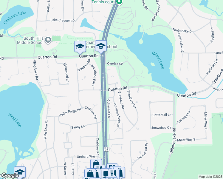 map of restaurants, bars, coffee shops, grocery stores, and more near 5710 Whethersfield Lane in Bloomfield Township