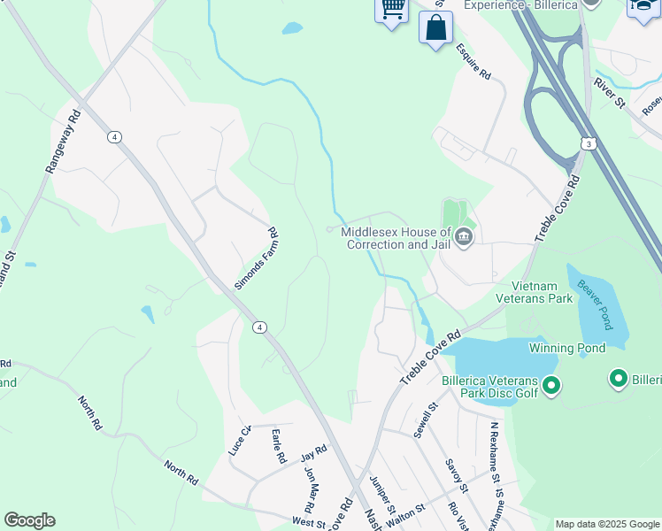 map of restaurants, bars, coffee shops, grocery stores, and more near 22 Fieldstone Lane in Billerica
