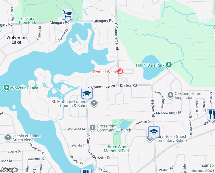 map of restaurants, bars, coffee shops, grocery stores, and more near 2247 South Commerce Road in Walled Lake