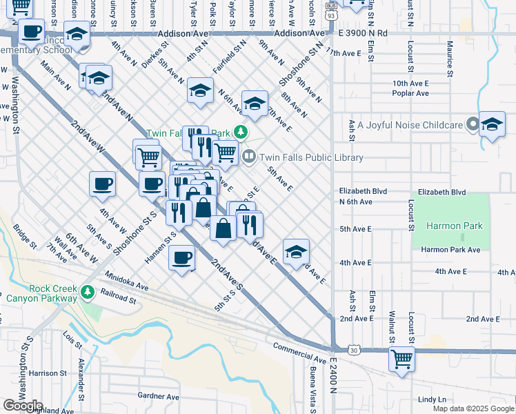 map of restaurants, bars, coffee shops, grocery stores, and more near 335 3rd Avenue East in Twin Falls