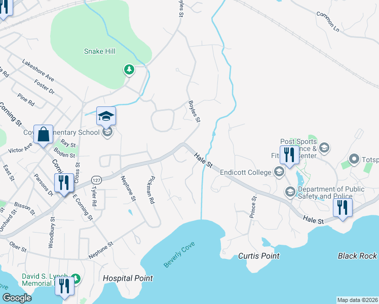 map of restaurants, bars, coffee shops, grocery stores, and more near 269 Hale Street in Beverly