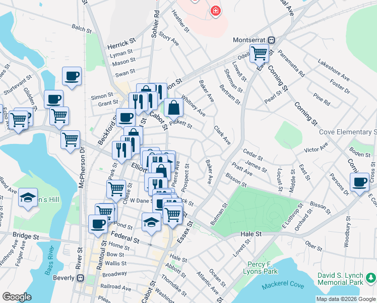 map of restaurants, bars, coffee shops, grocery stores, and more near 34 Appleton Avenue in Beverly