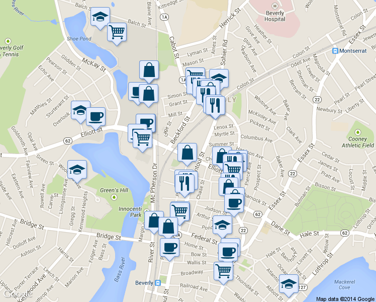 map of restaurants, bars, coffee shops, grocery stores, and more near 93 Elliott Street in Beverly