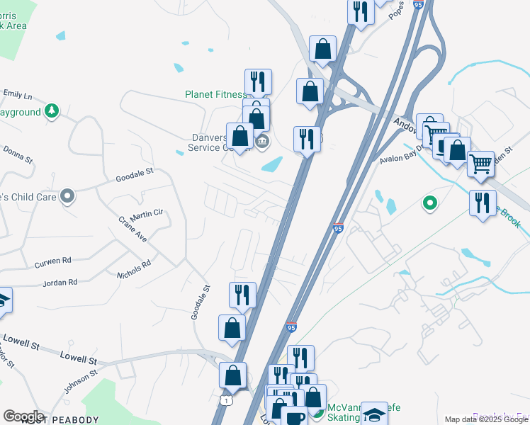 map of restaurants, bars, coffee shops, grocery stores, and more near 12 Mayer Road in Peabody