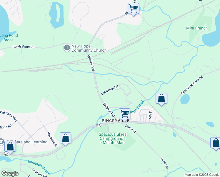 map of restaurants, bars, coffee shops, grocery stores, and more near 10 Longview Circle in Ayer