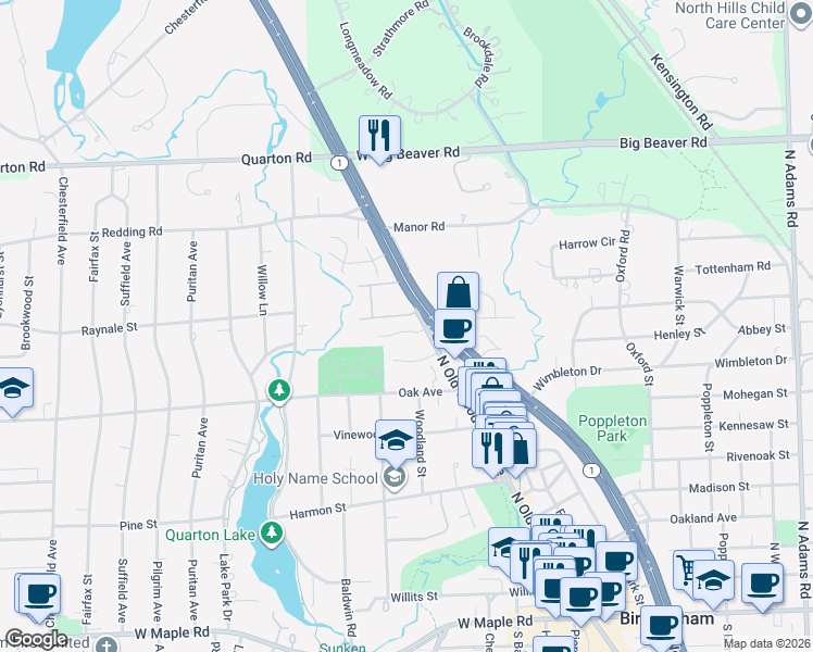 map of restaurants, bars, coffee shops, grocery stores, and more near 1027 North Old Woodward Avenue in Birmingham