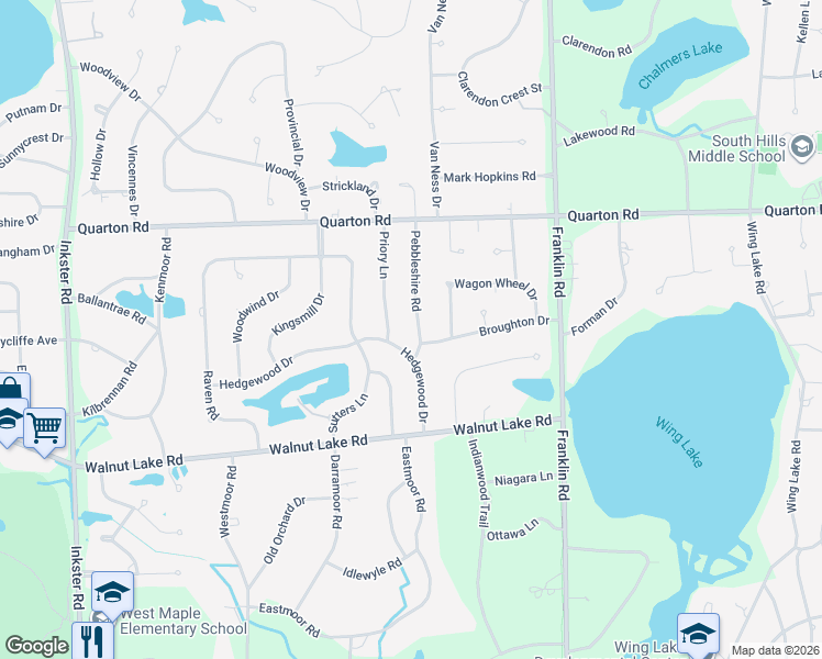 map of restaurants, bars, coffee shops, grocery stores, and more near 5756 Pebbleshire Road in Bloomfield Hills