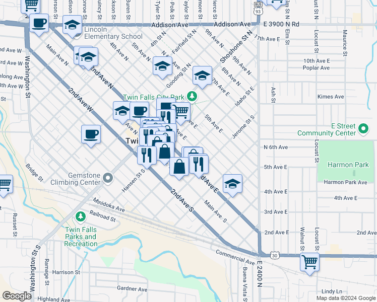 map of restaurants, bars, coffee shops, grocery stores, and more near 229 Idaho Street East in Twin Falls