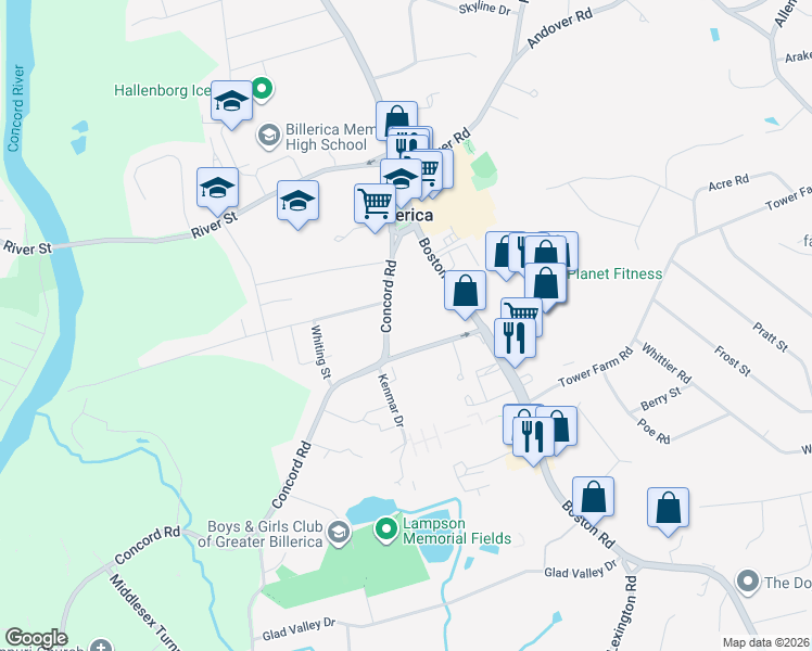 map of restaurants, bars, coffee shops, grocery stores, and more near 50 Concord Road in Billerica