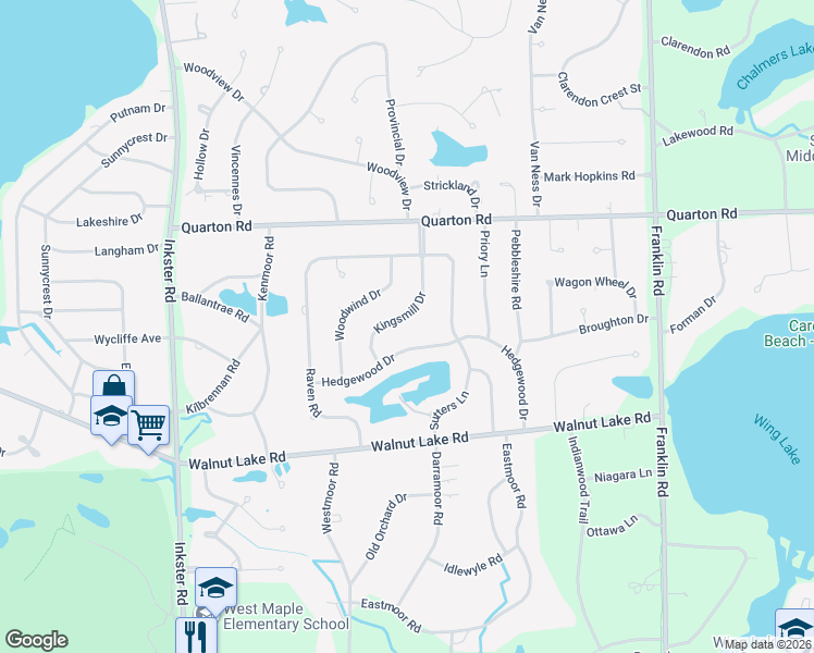 map of restaurants, bars, coffee shops, grocery stores, and more near 5677 Kingsmill Drive in Bloomfield Hills