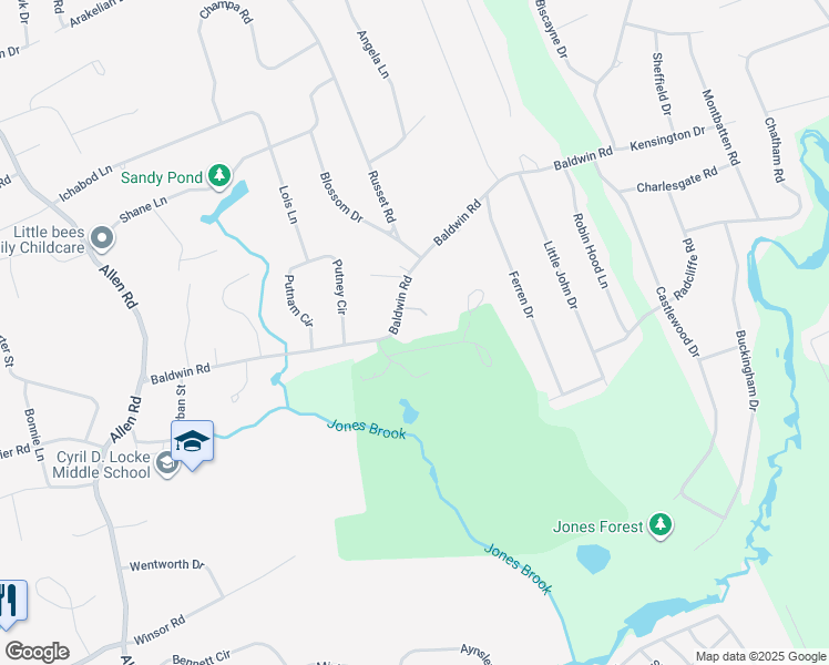 map of restaurants, bars, coffee shops, grocery stores, and more near 55 Baldwin Road in Billerica