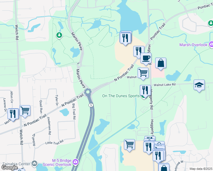 map of restaurants, bars, coffee shops, grocery stores, and more near 2990 North Pontiac Trail in Oakland County