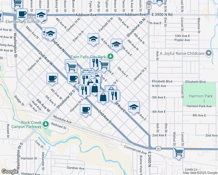 map of restaurants, bars, coffee shops, grocery stores, and more near 237 Idaho Street East in Twin Falls