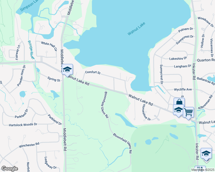map of restaurants, bars, coffee shops, grocery stores, and more near 2682 Walnut Lake Road in West Bloomfield Township