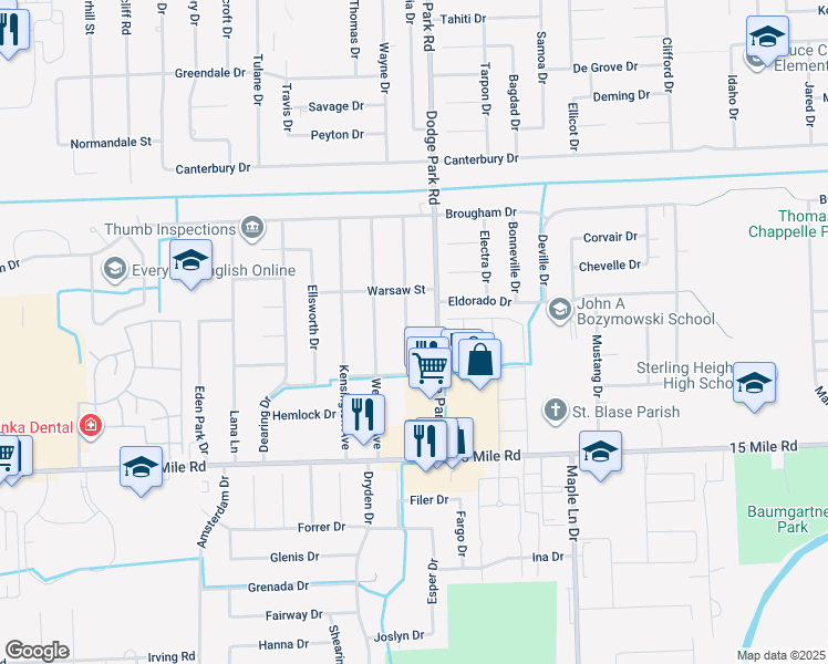 map of restaurants, bars, coffee shops, grocery stores, and more near 35439 Dodge Park Road in Sterling Heights