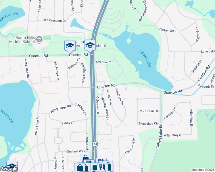map of restaurants, bars, coffee shops, grocery stores, and more near 5731 Burnham Road in Bloomfield Township