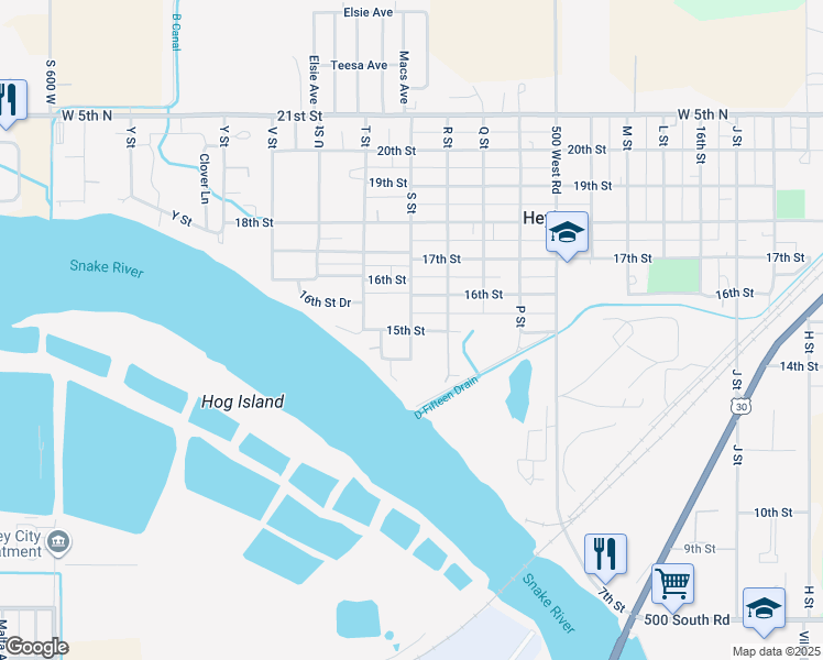 map of restaurants, bars, coffee shops, grocery stores, and more near 1505 15th St in Heyburn