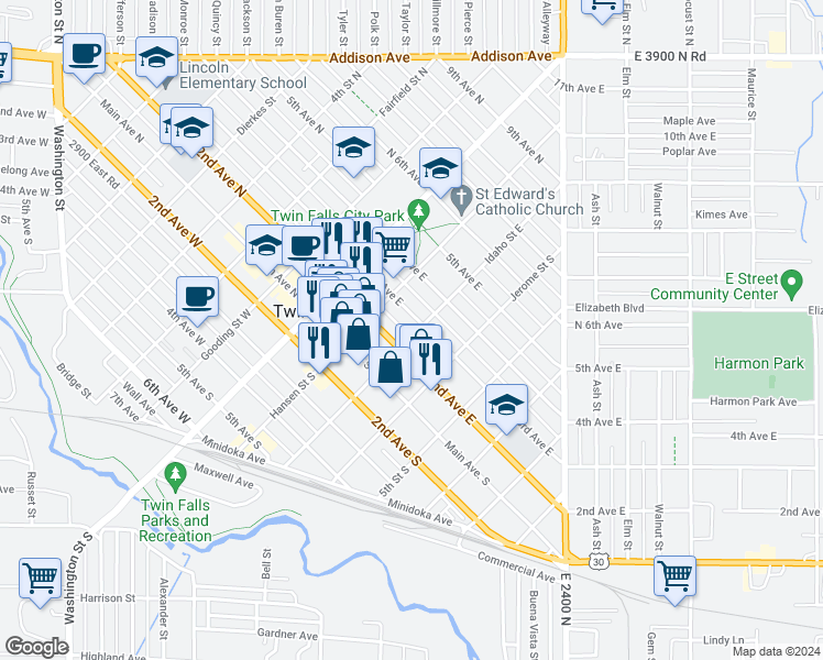 map of restaurants, bars, coffee shops, grocery stores, and more near 255 2nd Avenue East in Twin Falls