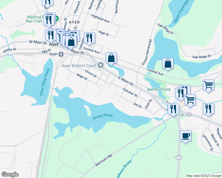 map of restaurants, bars, coffee shops, grocery stores, and more near 5 Whitcomb Avenue in Ayer