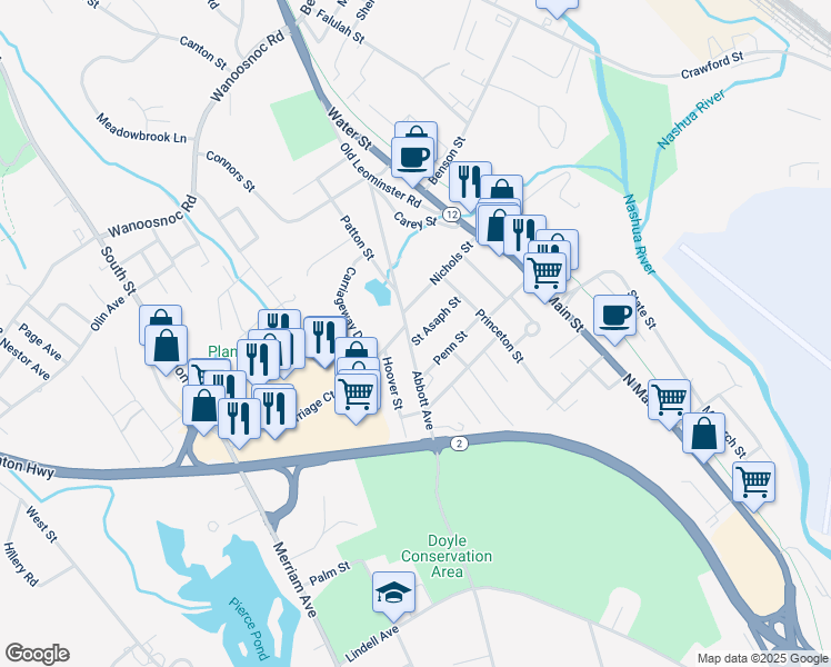 map of restaurants, bars, coffee shops, grocery stores, and more near 16 Chalmers Street in Leominster
