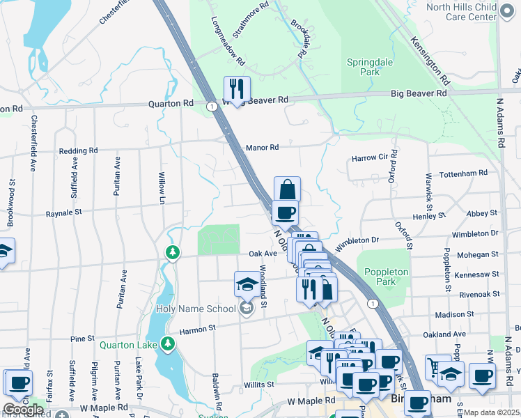 map of restaurants, bars, coffee shops, grocery stores, and more near 1027 North Old Woodward Avenue in Birmingham