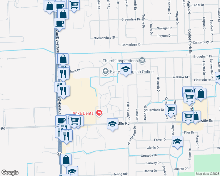 map of restaurants, bars, coffee shops, grocery stores, and more near 35536 Tanglewood Drive in Sterling Heights