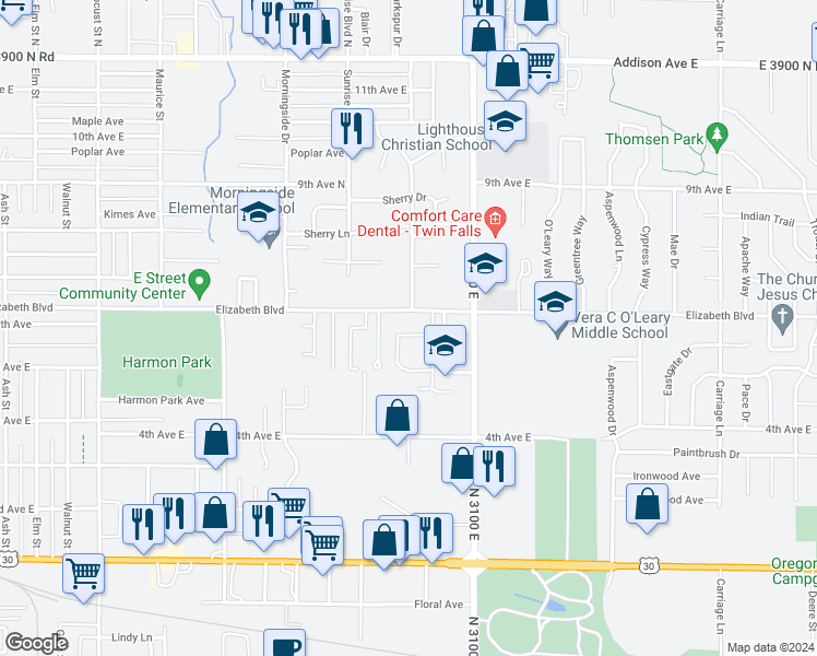 map of restaurants, bars, coffee shops, grocery stores, and more near 2096 Elizabeth Boulevard in Twin Falls