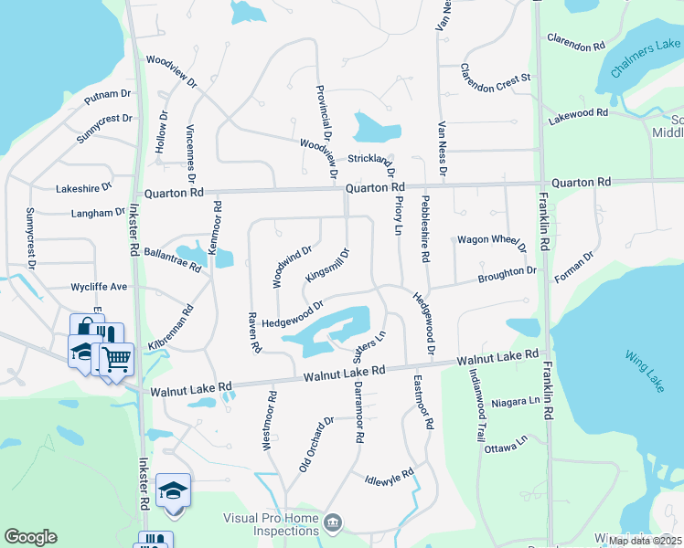 map of restaurants, bars, coffee shops, grocery stores, and more near 5677 Kingsmill Drive in Bloomfield Hills