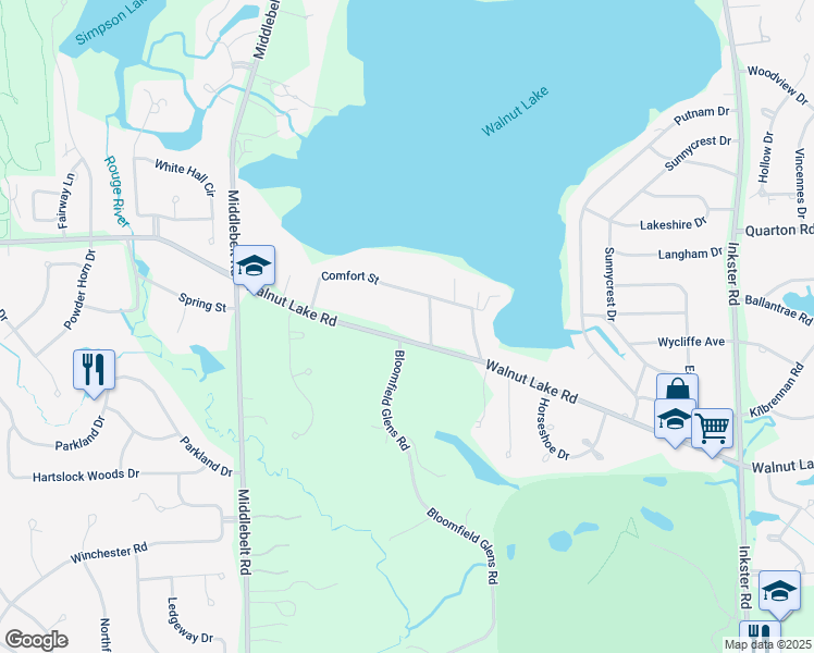 map of restaurants, bars, coffee shops, grocery stores, and more near 2682 Walnut Lake Road in West Bloomfield Township