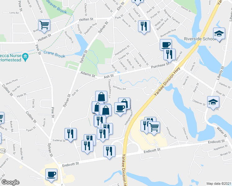 map of restaurants, bars, coffee shops, grocery stores, and more near 85 Constitution Lane in Danvers