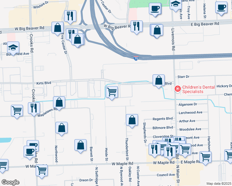 map of restaurants, bars, coffee shops, grocery stores, and more near 589 Kirts Boulevard in Troy