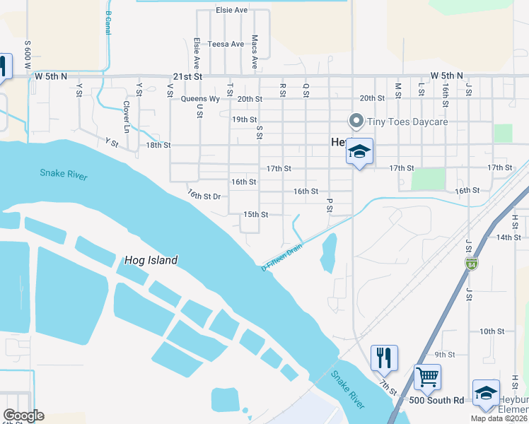 map of restaurants, bars, coffee shops, grocery stores, and more near 1440 S Street in Heyburn