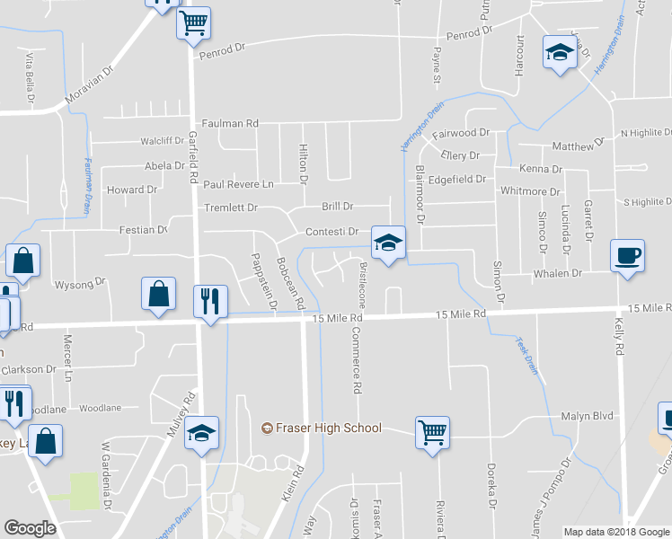 map of restaurants, bars, coffee shops, grocery stores, and more near 35219 Bristlecone in Clinton Township