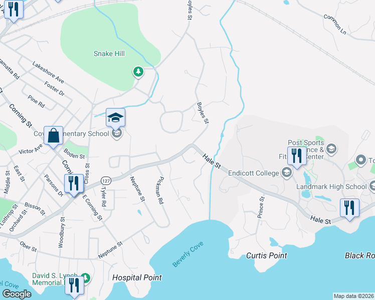 map of restaurants, bars, coffee shops, grocery stores, and more near 245 Hale Street in Beverly