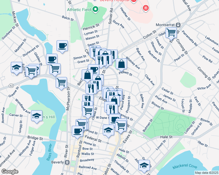 map of restaurants, bars, coffee shops, grocery stores, and more near 13 Chestnut Park in Beverly