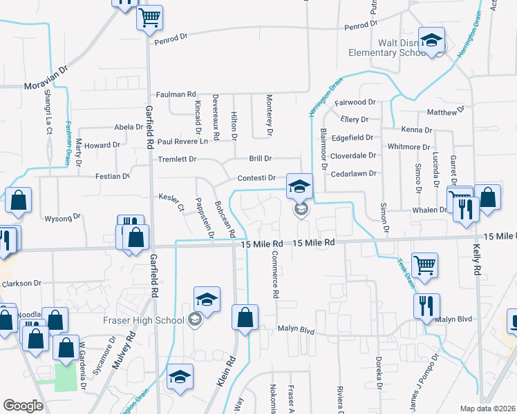 map of restaurants, bars, coffee shops, grocery stores, and more near 35219 Bristlecone in Clinton Township